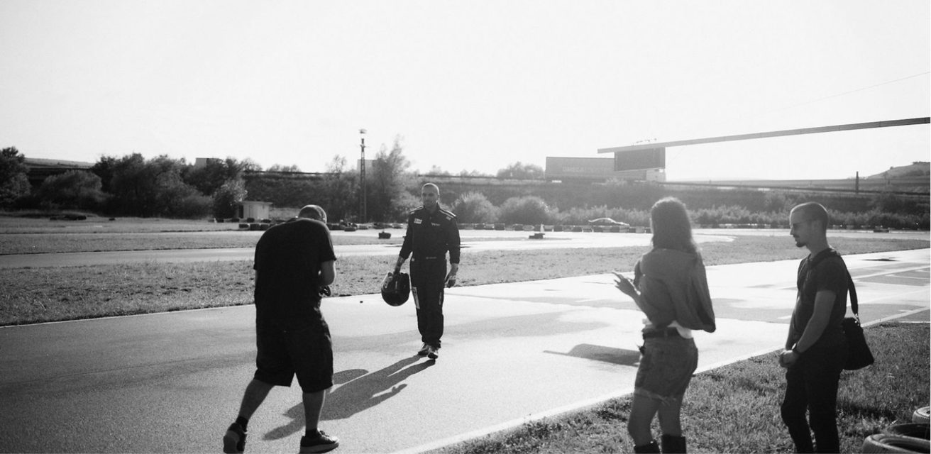 The Maiac crew filming a driver on a karting track for the Rebels at Speed campaign